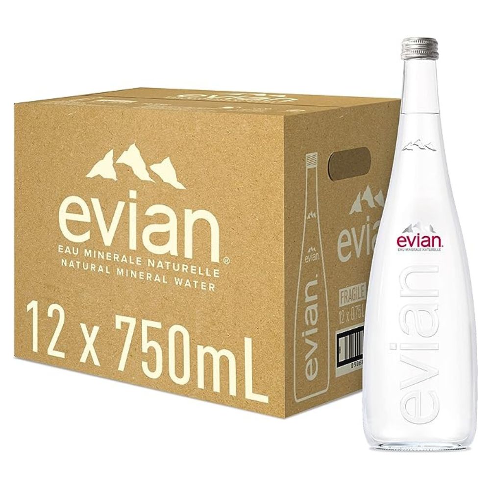 Evian Natural Mineral Water Glass Bottles - (12x750ml)